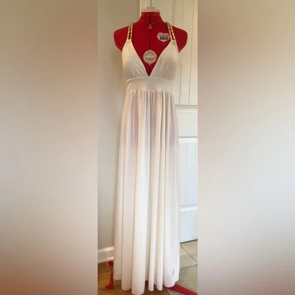 green emerald velvet dress White A-Line Dress w/ Gold Print and Belt w/ Metal Gold Chain  Perfect Wear